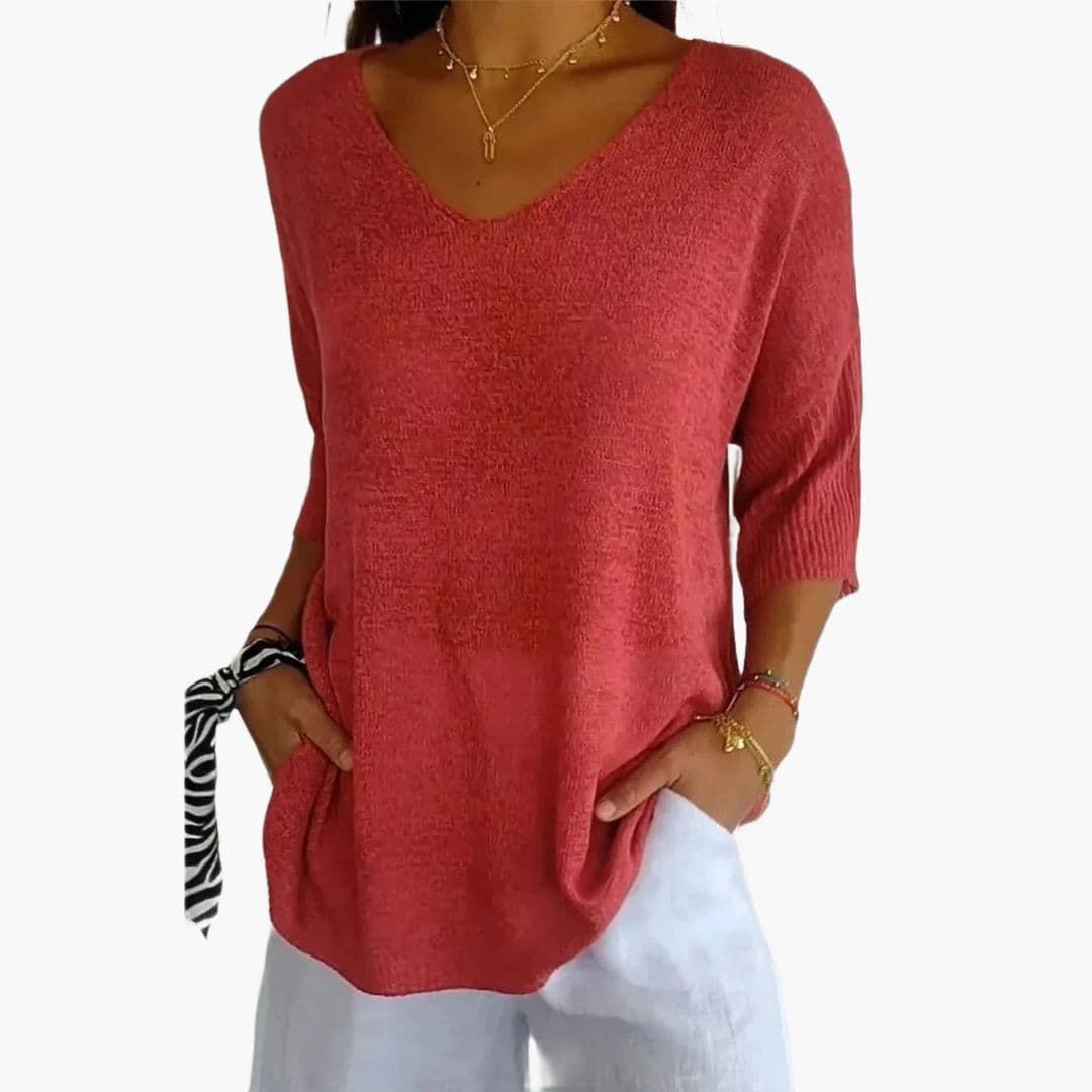 Pull mujer cuello en V corte amplio con puños acanalados