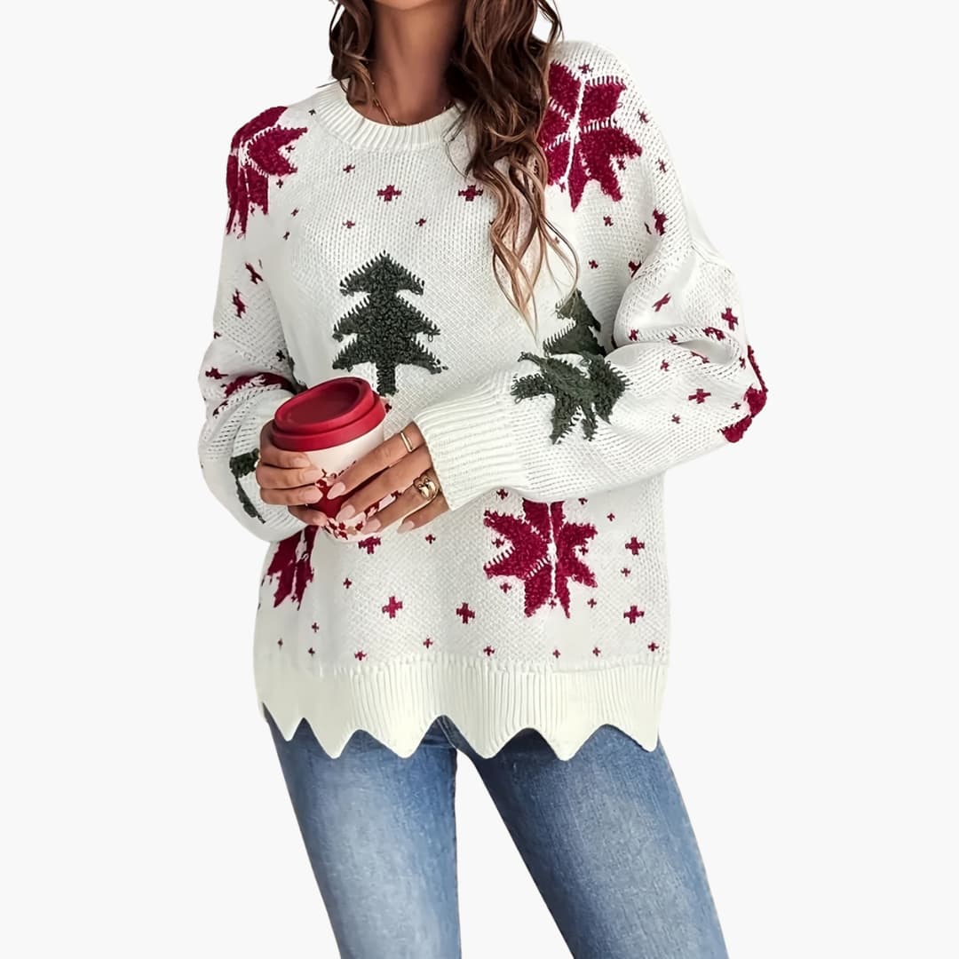 Pull femme col rond avec motif festif tricoté