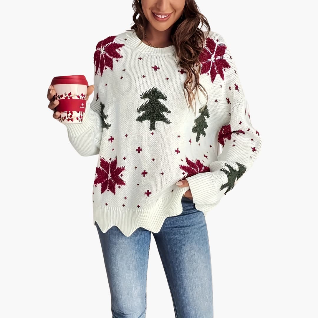 Pull femme col rond avec motif festif tricoté