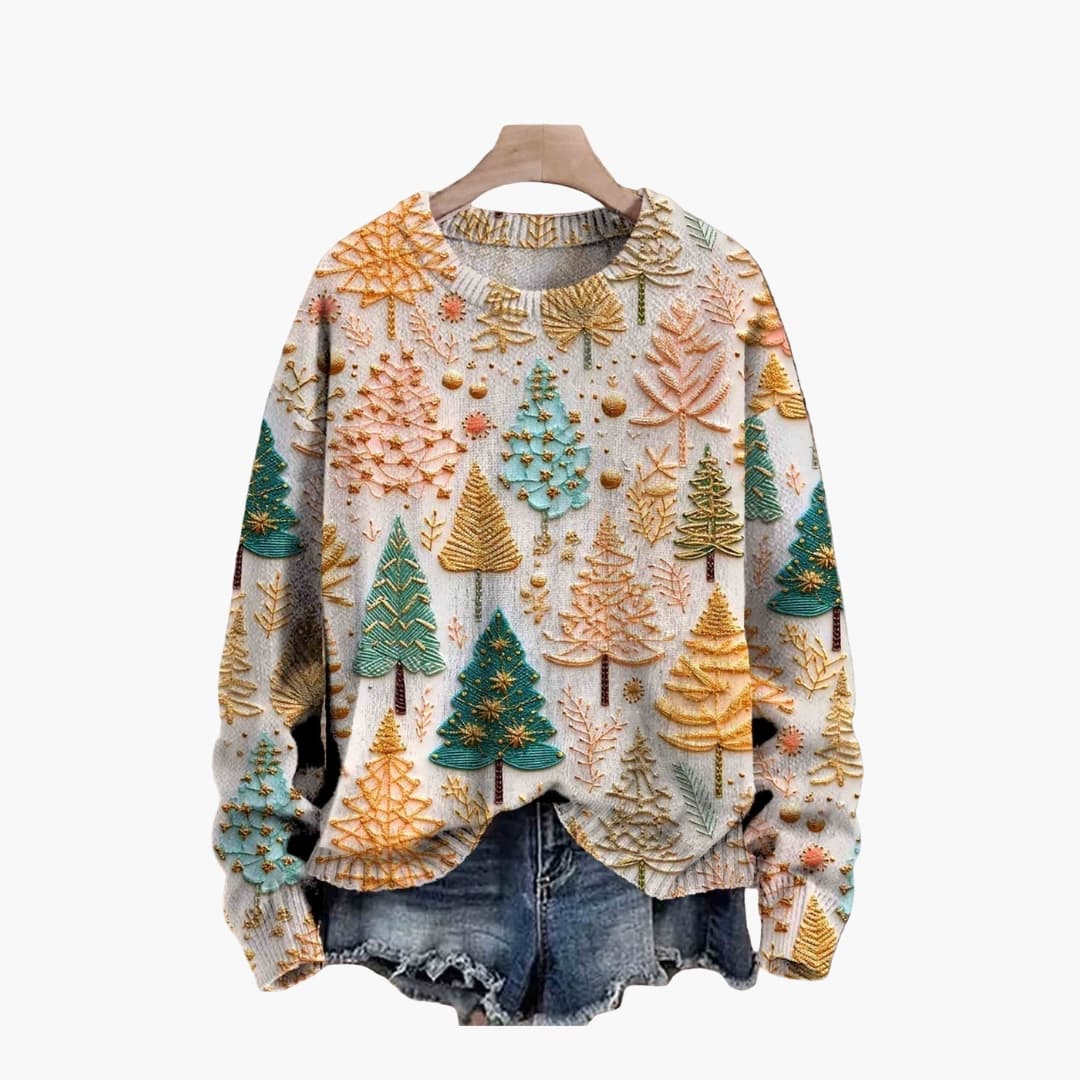 Pull femme col rond avec motif sapins tricotés