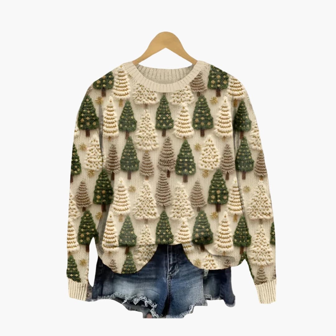 Pull femme col rond avec motif sapins tricotés