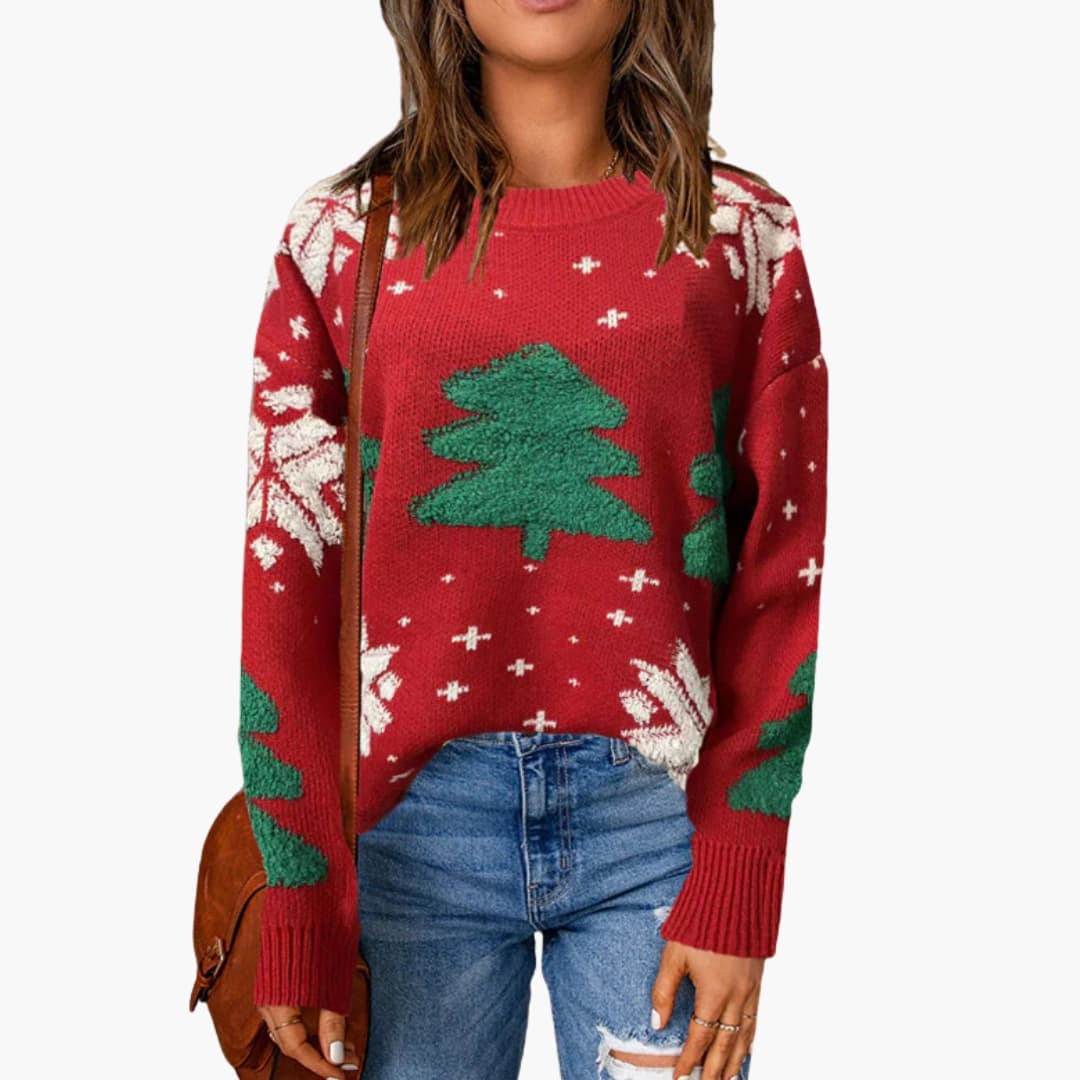 Pull femme col rond avec motifs sapins