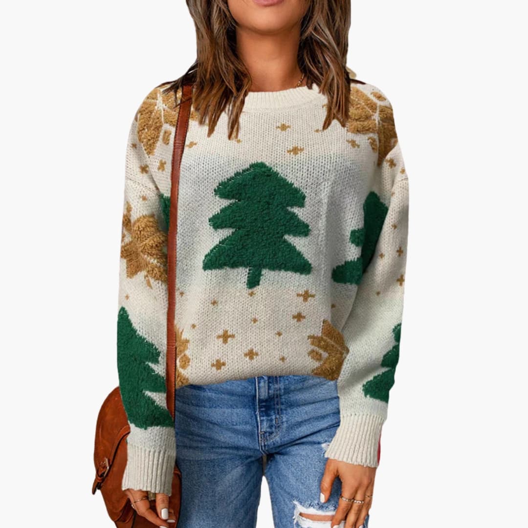 Pull femme col rond avec motifs sapins