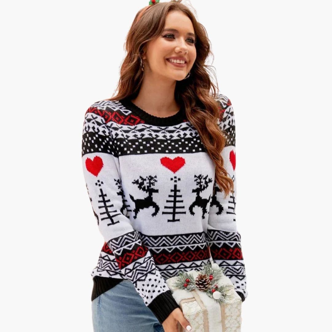 Pull femme col rond en maille polaire avec motif élan