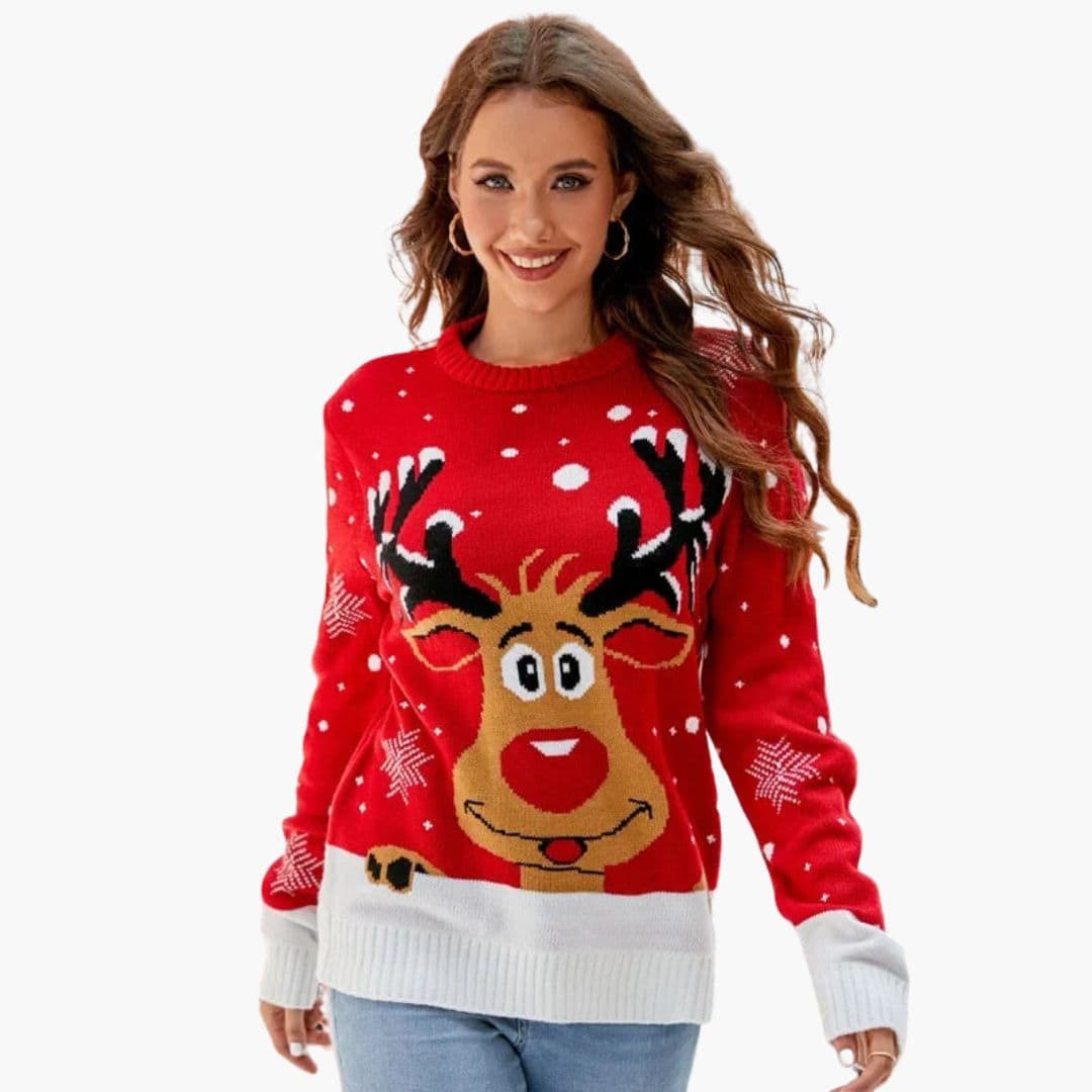 Pull femme col rond en maille polaire avec motif élan