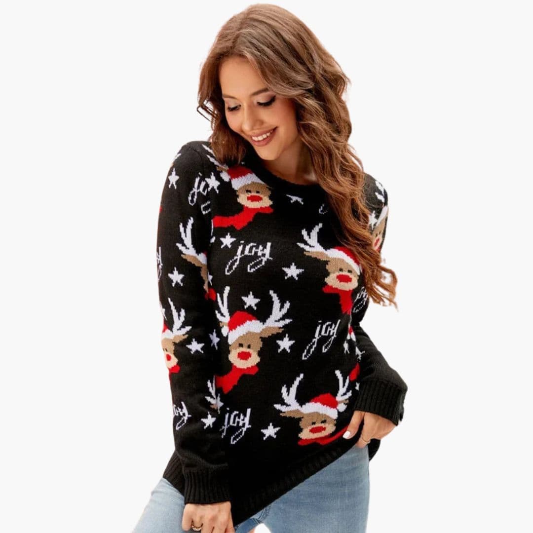 Pull femme col rond en maille polaire avec motif élan