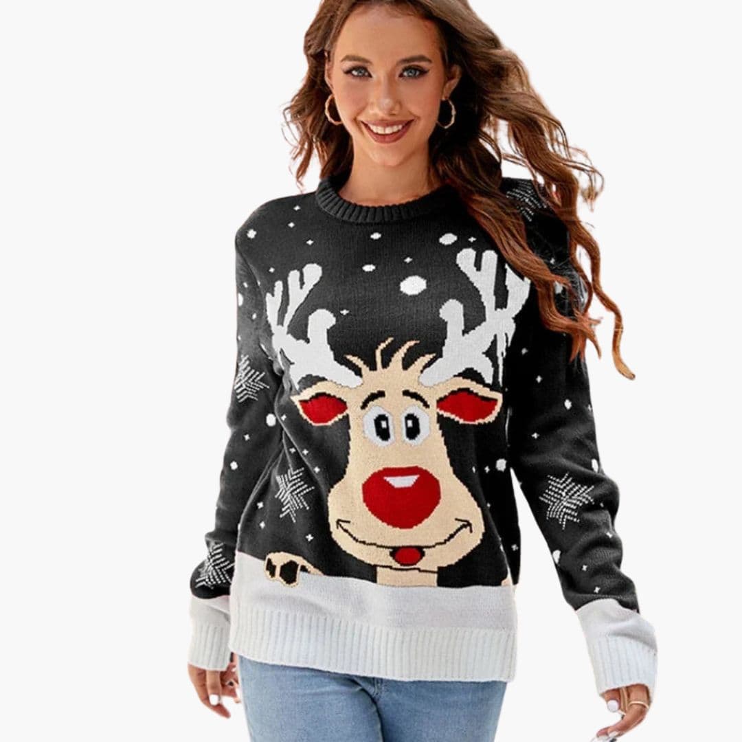 Pull femme col rond en maille polaire avec motif élan