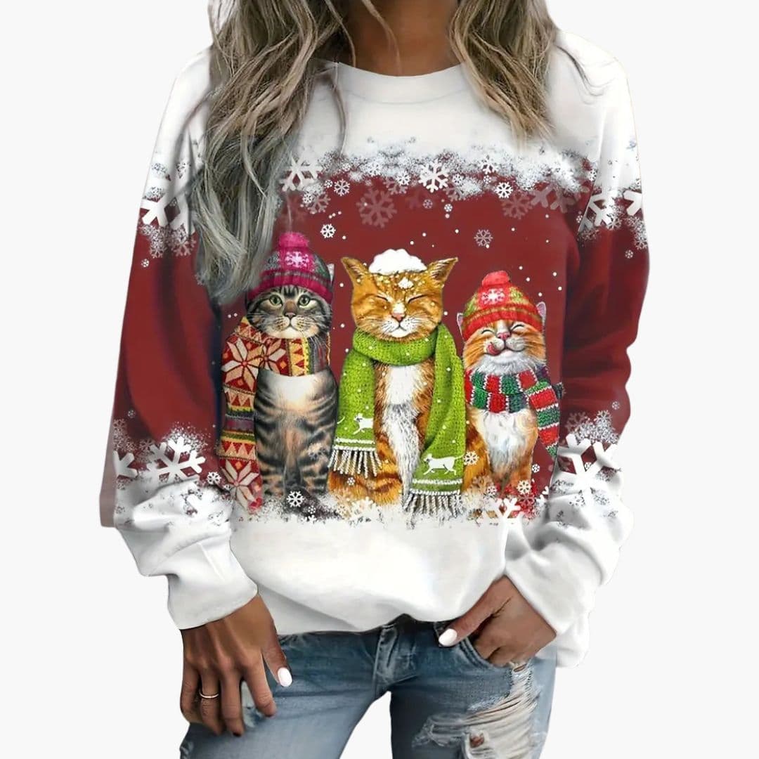 Pull femme col rond motif chat