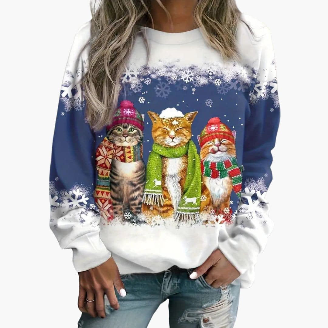 Pull femme col rond motif chat