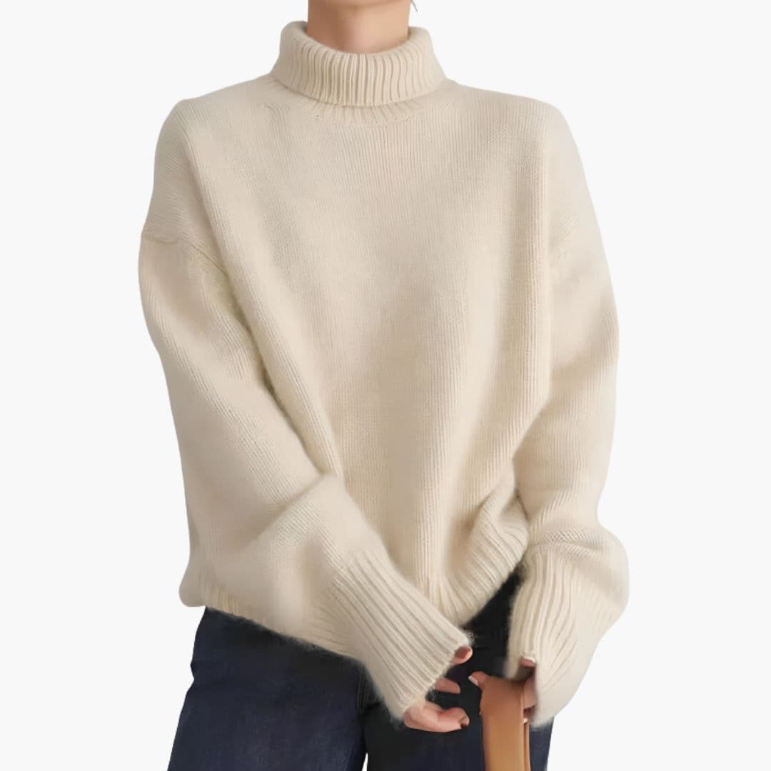 Suéter de mujer con cuello alto acanalado y hombros caídos