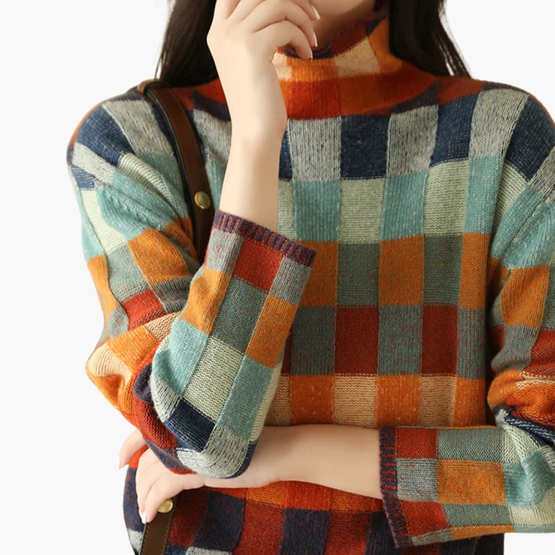 Camisola de malha às quadrículas multicoloridas para mulher com corte largo