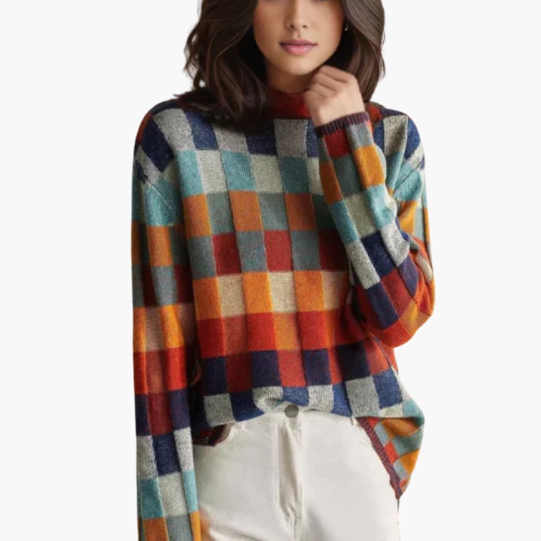 Camisola de malha às quadrículas multicoloridas para mulher com corte largo