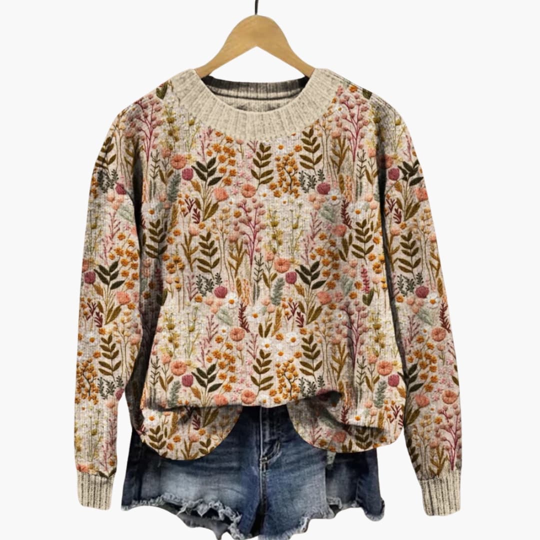 Suéter de mujer de punto con motivo floral y escote redondo