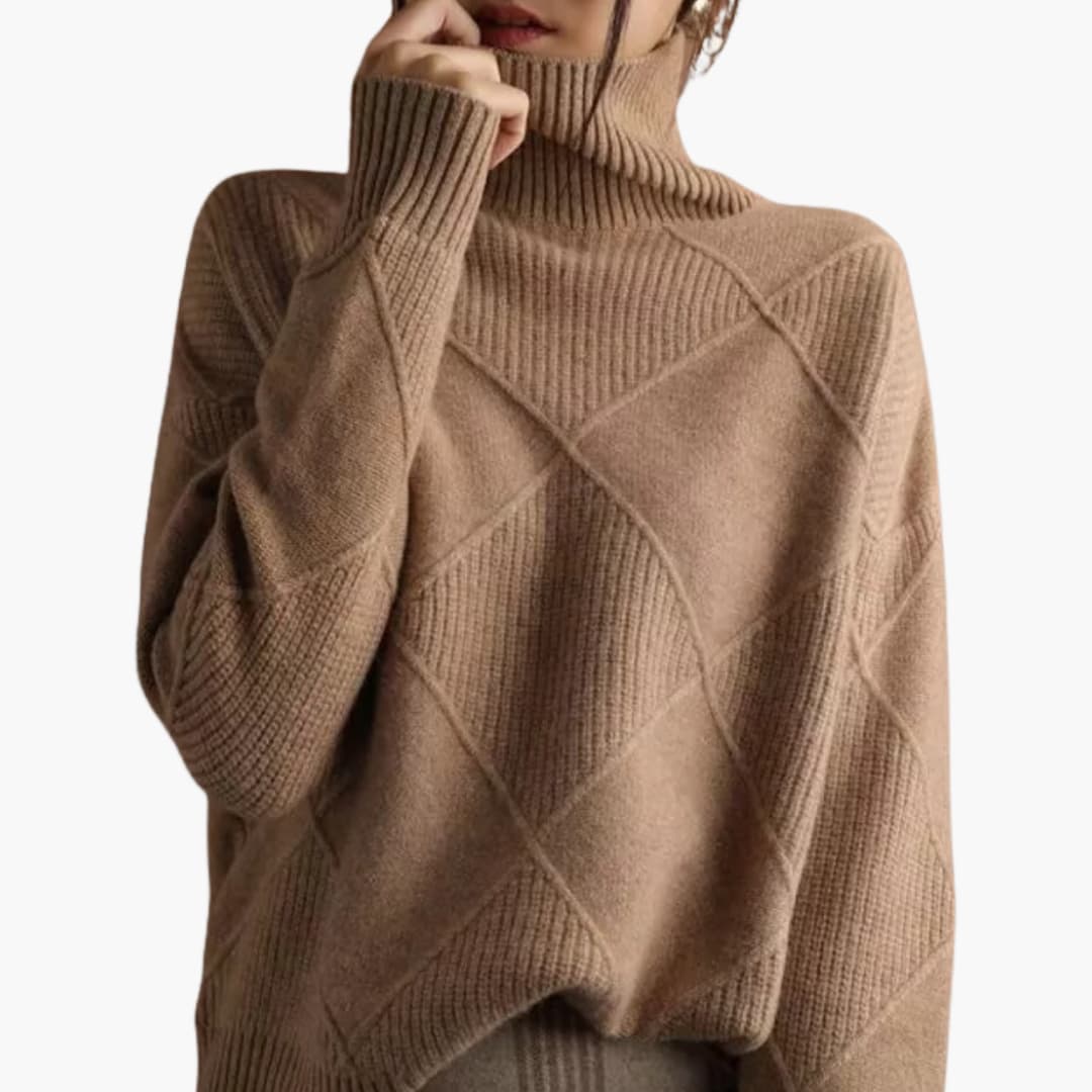 Camisola de malha para mulher com padrão de losangos texturizado e gola canelada