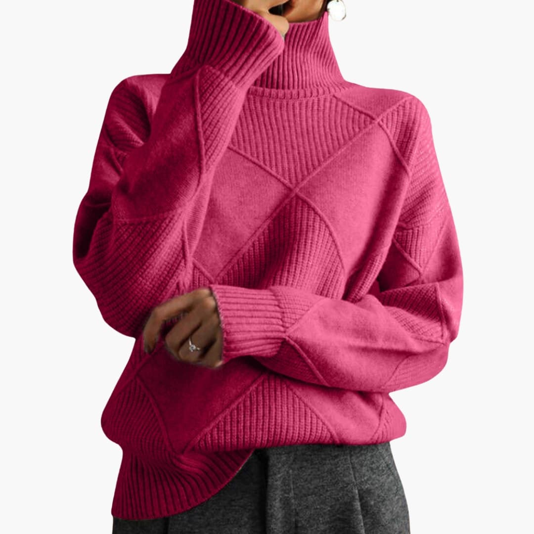 Camisola de malha para mulher com padrão de losangos texturizado e gola canelada