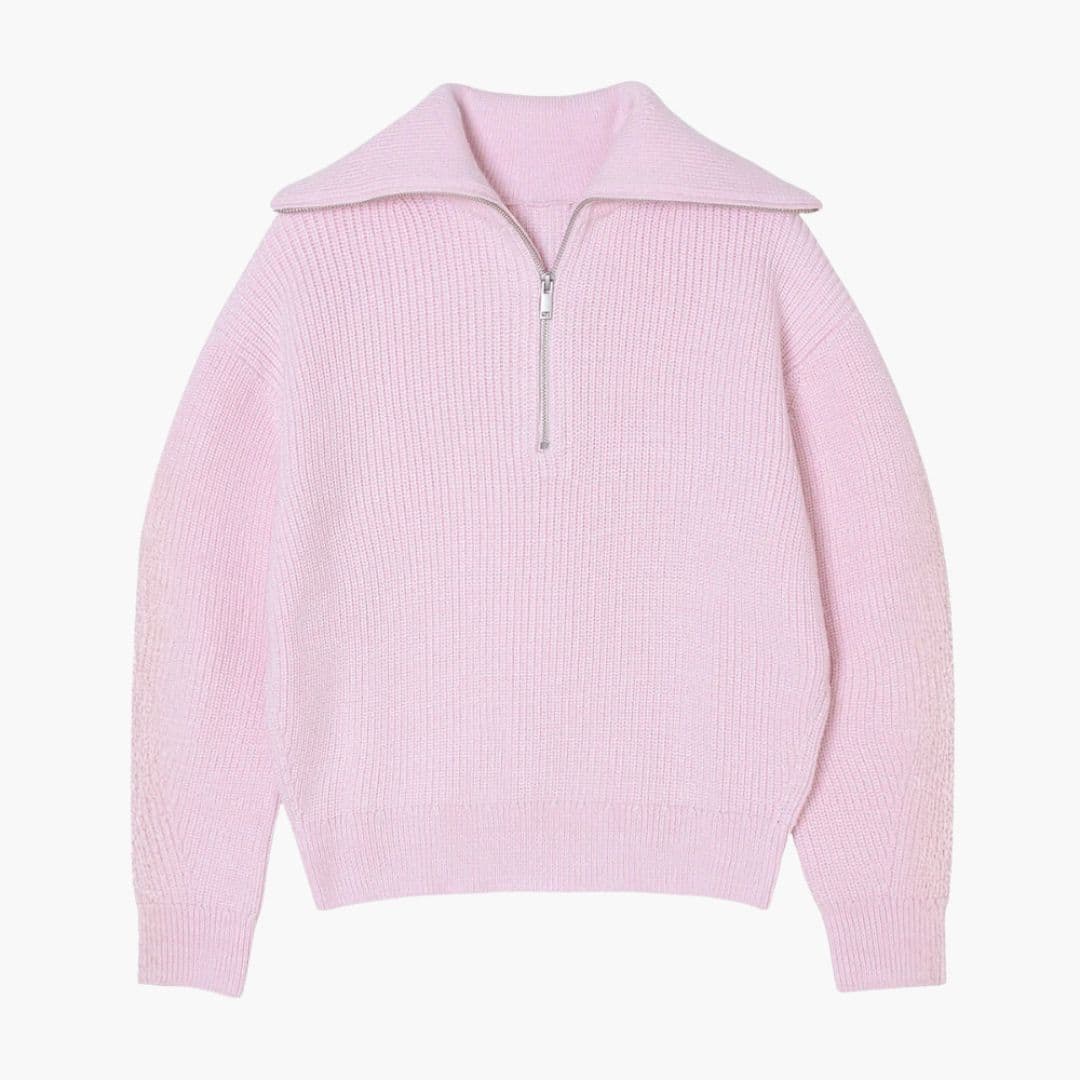 Camisola de malha às riscas para mulher com fecho e gola canelada