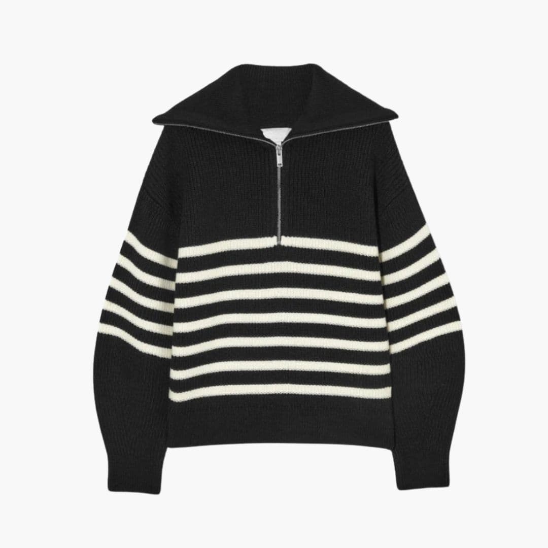 Camisola de malha às riscas para mulher com fecho e gola canelada