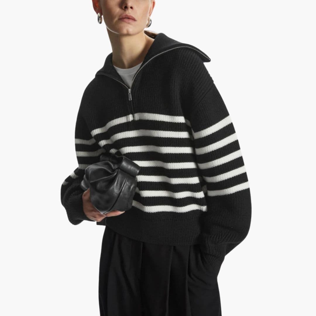 Camisola de malha às riscas para mulher com fecho e gola canelada