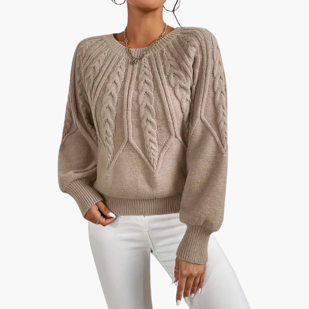 Camisola de malha feminina com tranças e mangas bufantes