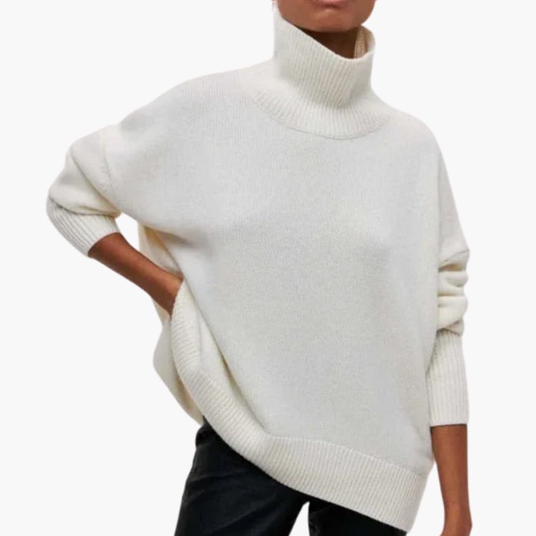Pull femme oversize à col roulé et bords côtelés