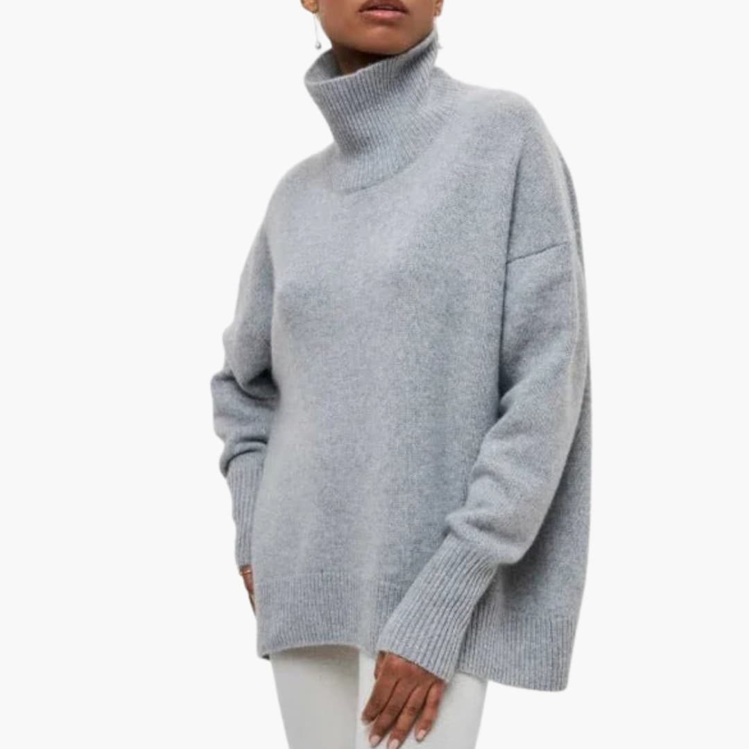 Pull femme oversize à col roulé et bords côtelés