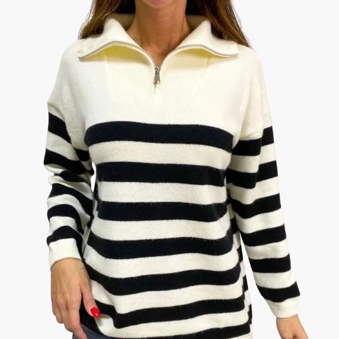 Suéter de mujer a rayas con cuello alto y cierre con cremallera