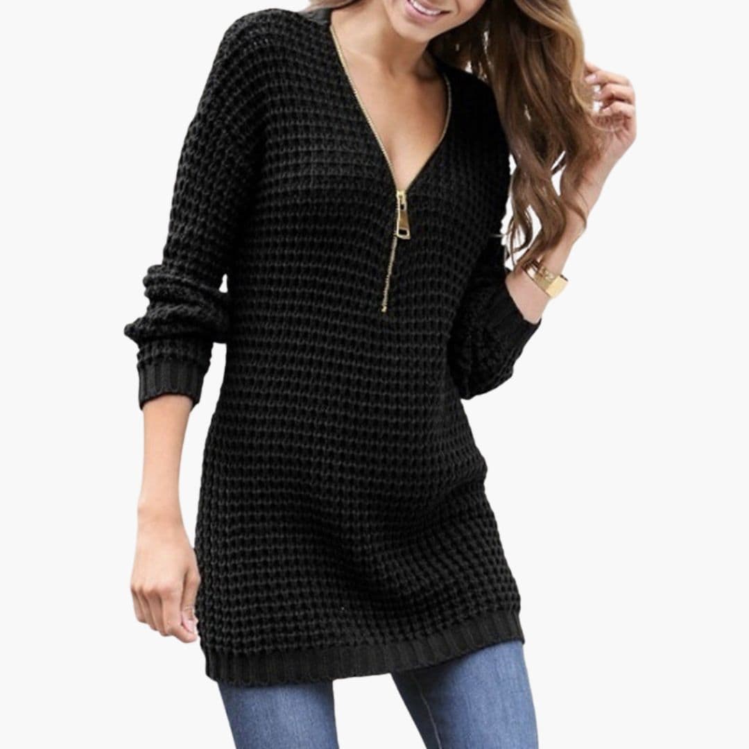 Pull femme zippé à encolure en V et maille texturée