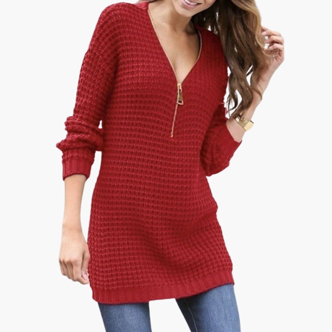 Pull femme zippé à encolure en V et maille texturée