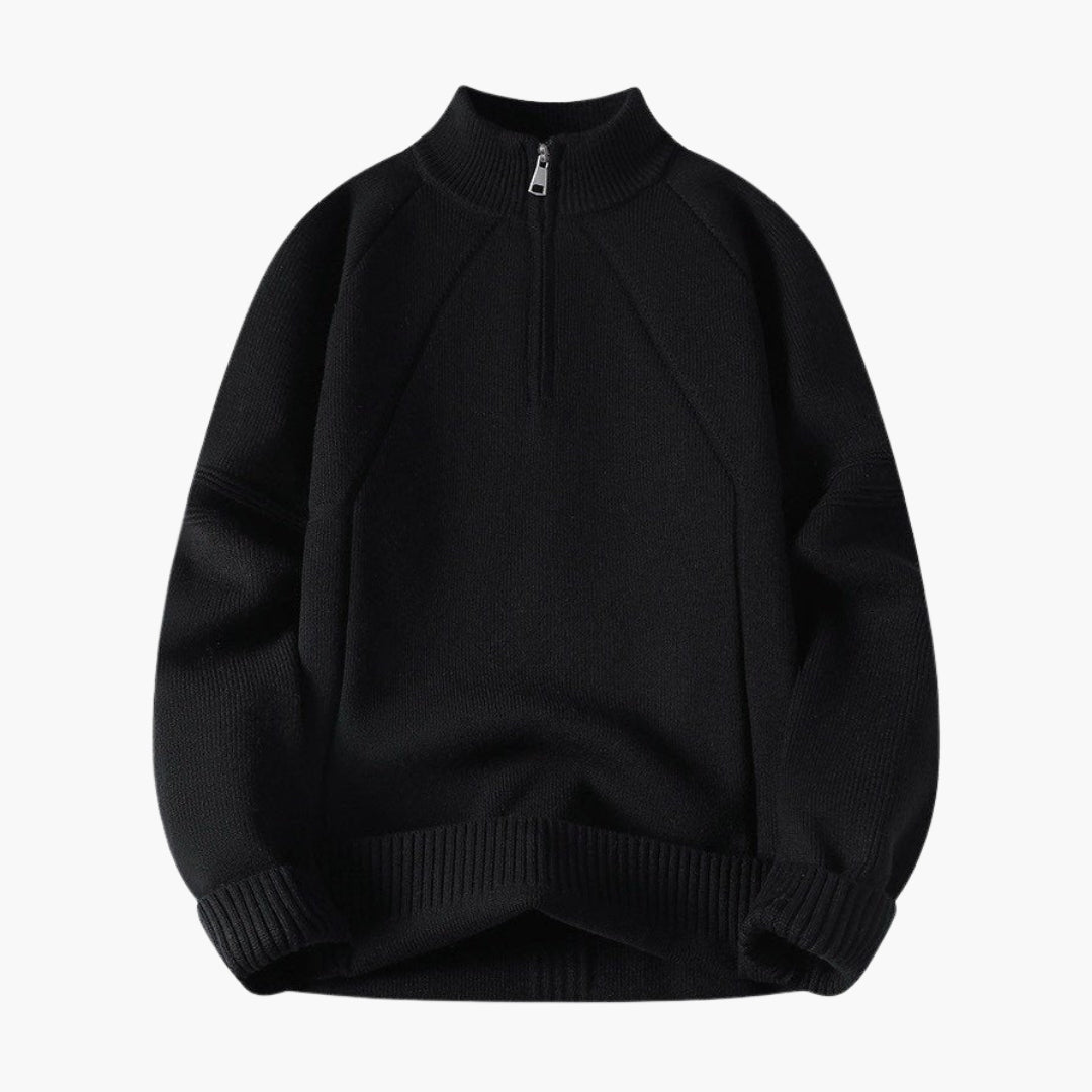 Men's zip-up high collar sweater with textured knit pattern