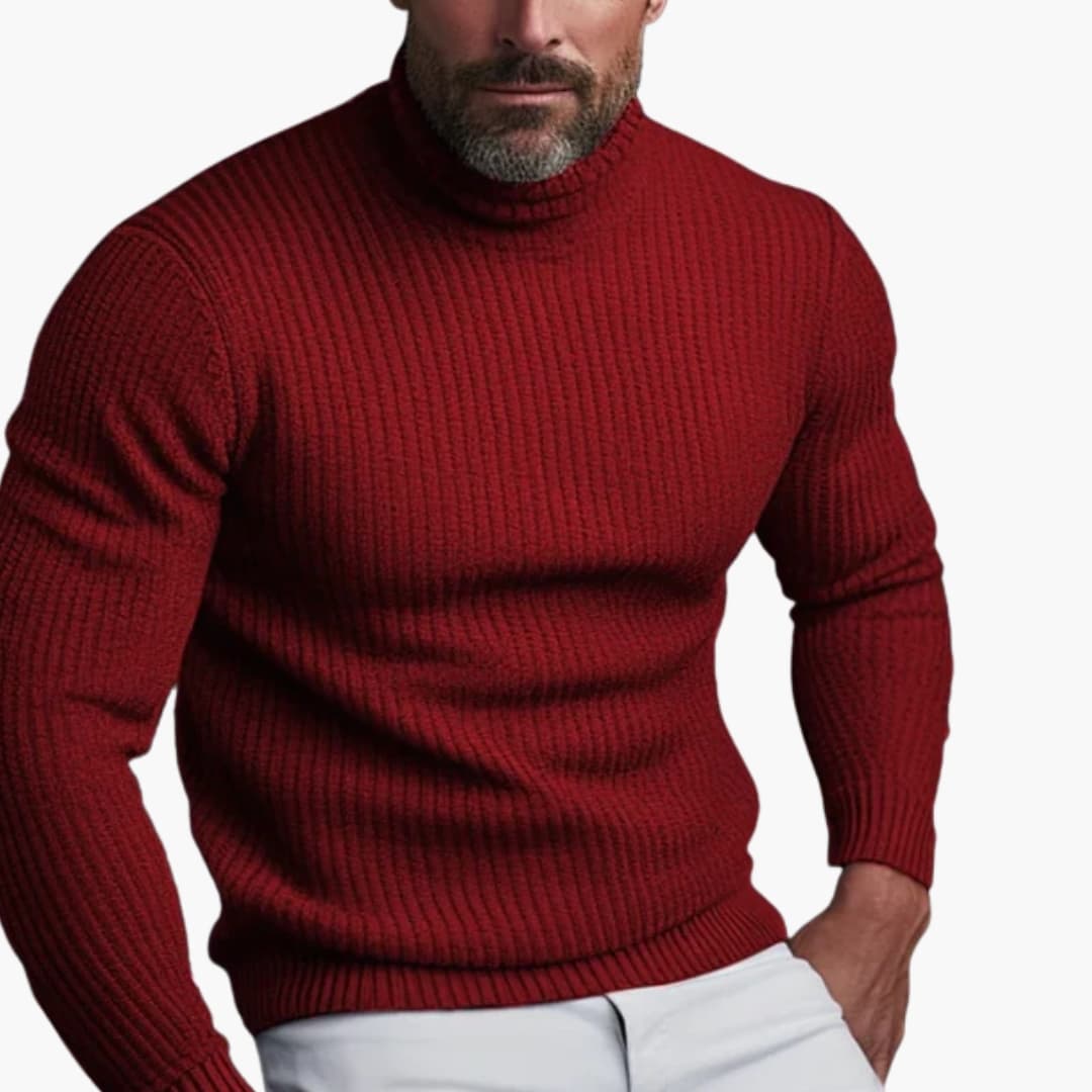 Pull homme à col roulé côtelé en rouge profond