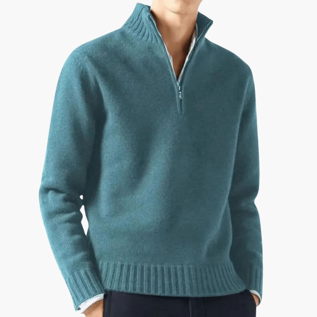 Pull homme à col zippé et base côtelée