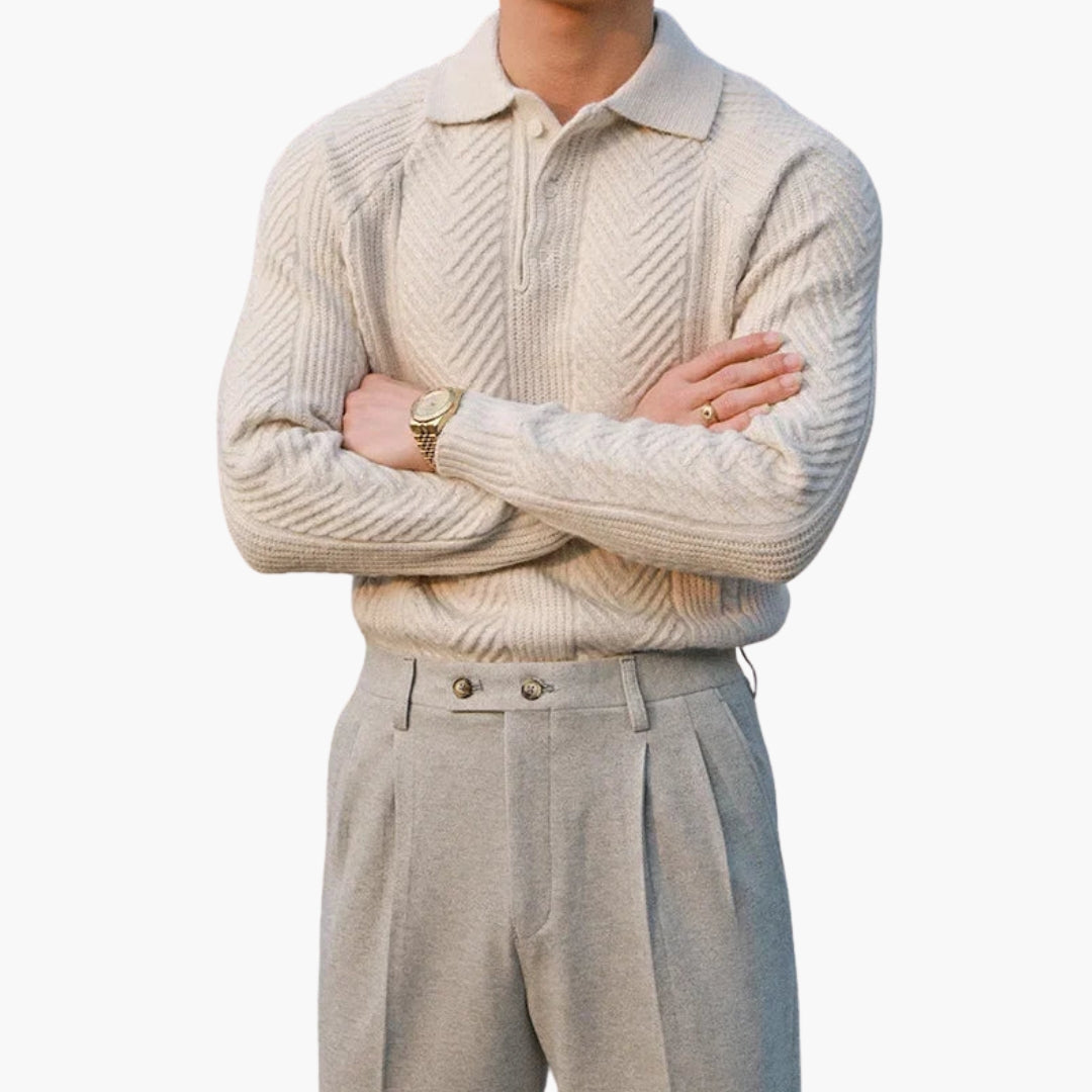 Herrtröja i stickat med krage och texturerat mönster