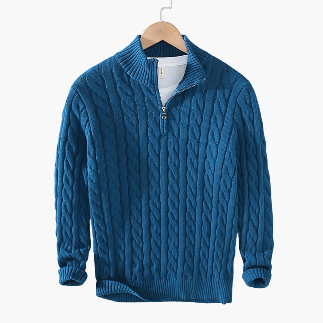 Herrtröja i flätstickad halvdragkedja med texturerat mönster