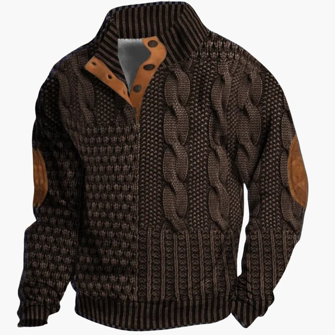 Pull homme tricoté avec col boutonné et coudières