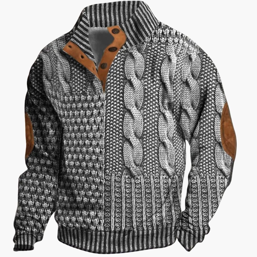Men's knitted sweater with buttoned collar and elbow patches