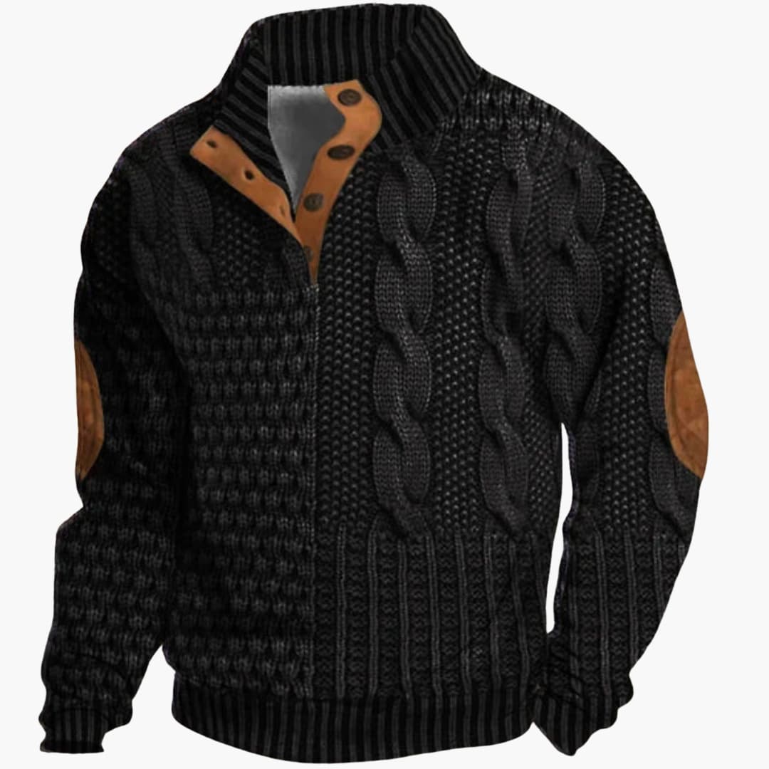Pull homme tricoté avec col boutonné et coudières