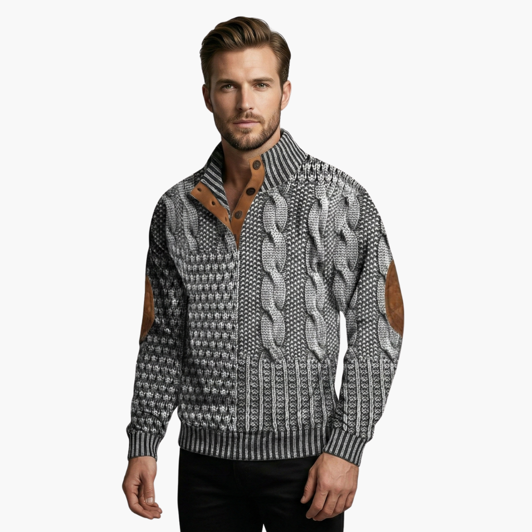 Men's knitted sweater with buttoned collar and elbow patches