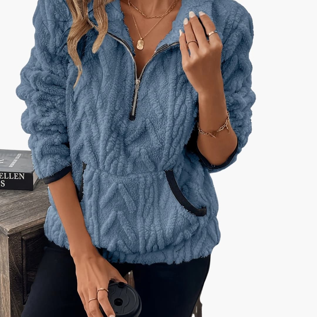 Suéter polar de felpa para mujer con media cremallera y bolsillos delanteros