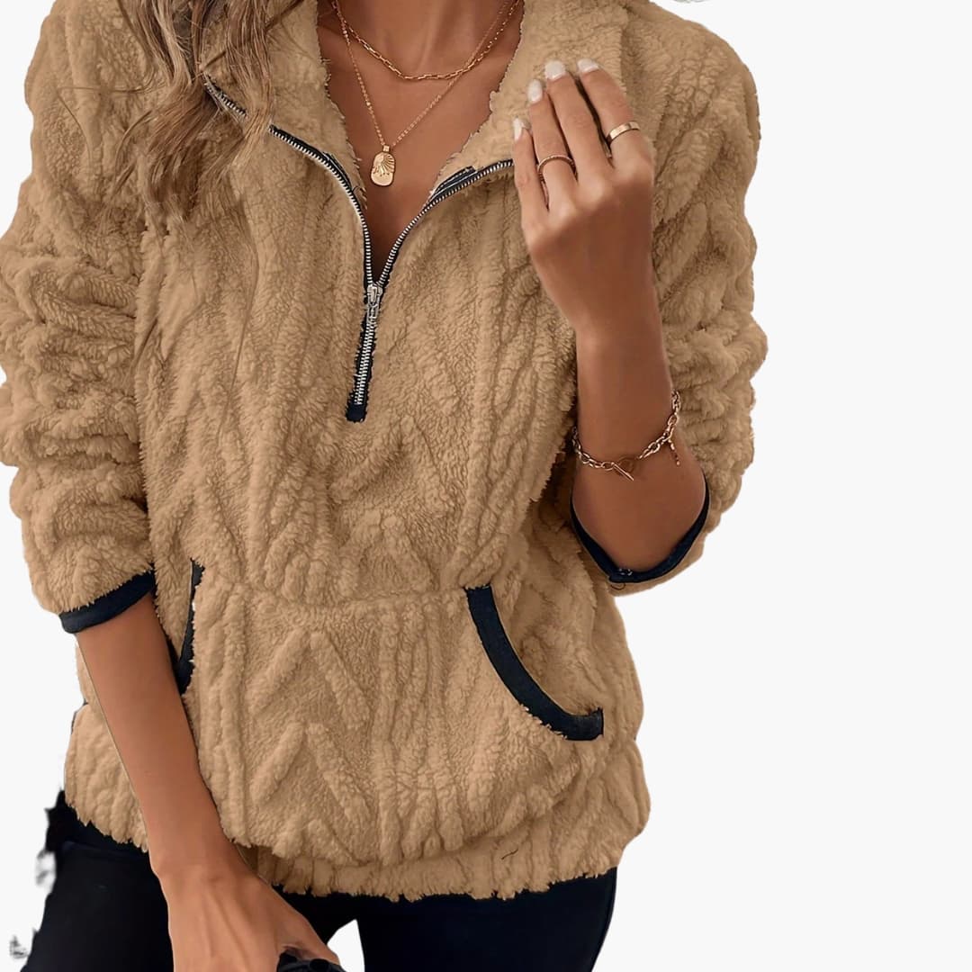 Suéter polar de felpa para mujer con media cremallera y bolsillos delanteros