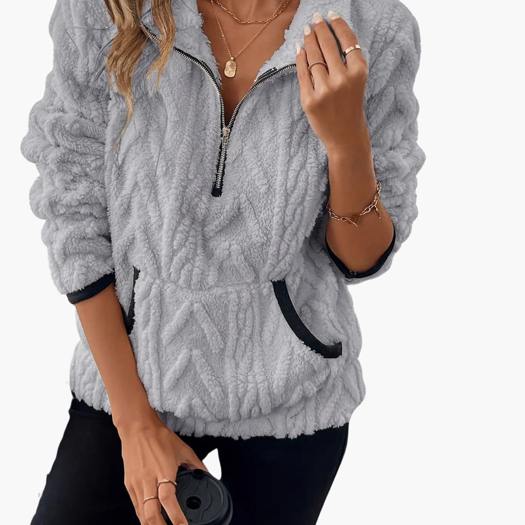 Suéter polar de felpa para mujer con media cremallera y bolsillos delanteros
