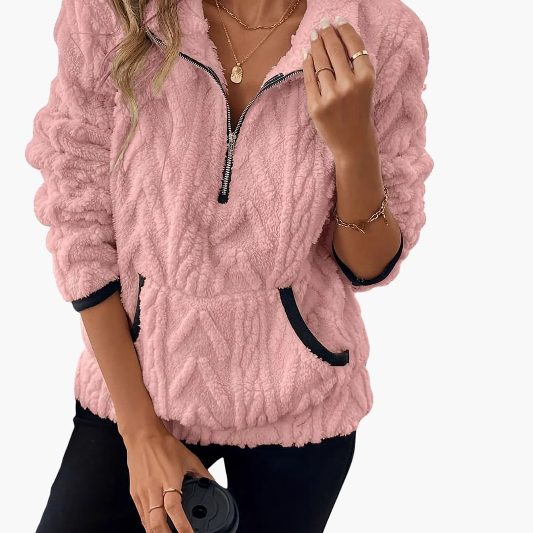 Suéter polar de felpa para mujer con media cremallera y bolsillos delanteros