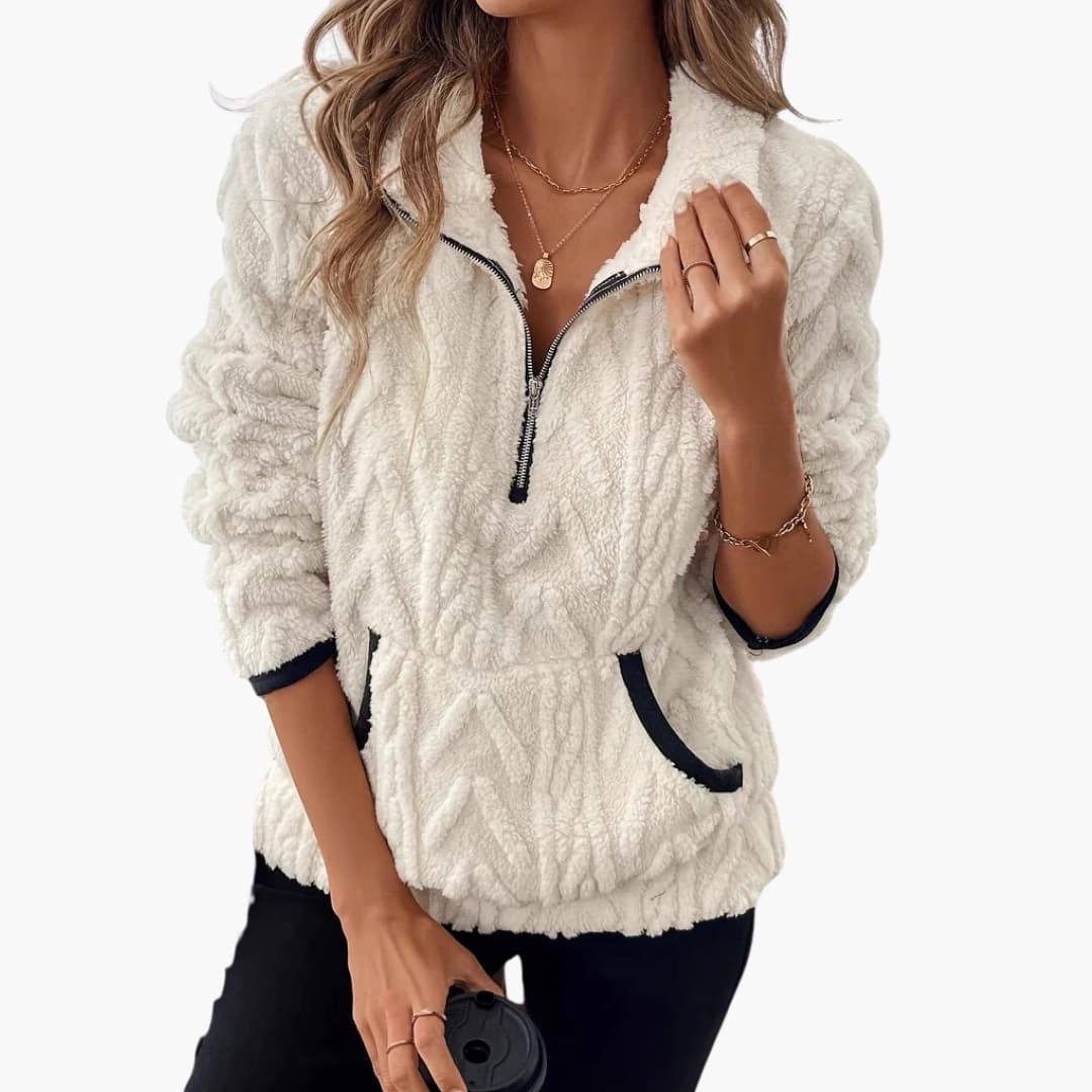 Suéter polar de felpa para mujer con media cremallera y bolsillos delanteros