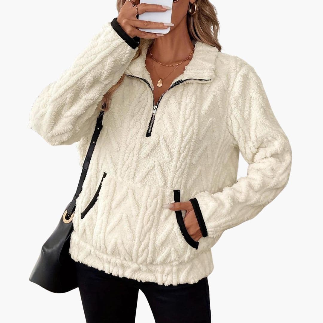 Pull polar mulher com meio fecho e bolsos