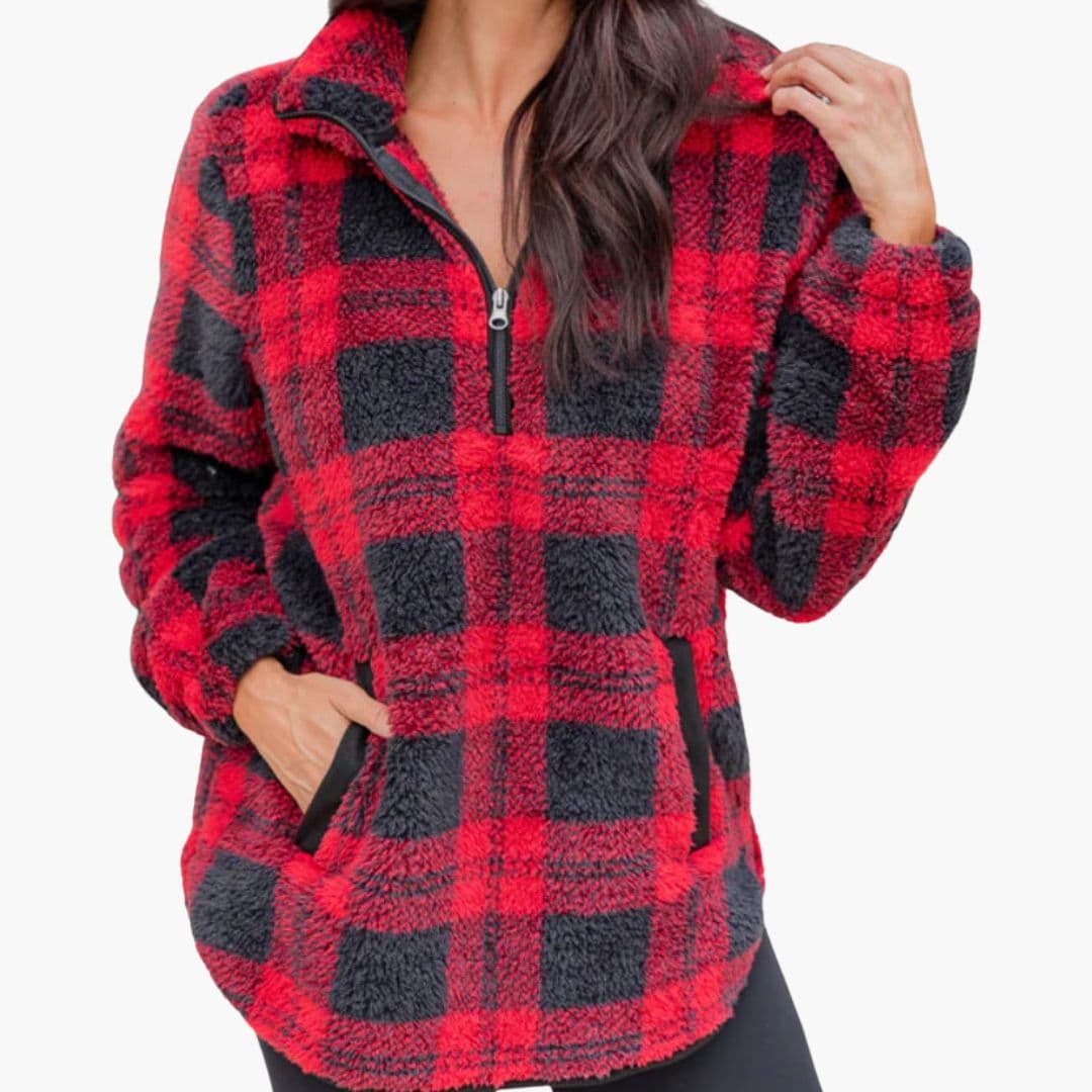 Pull polar mujer con cremallera y motivo a cuadros