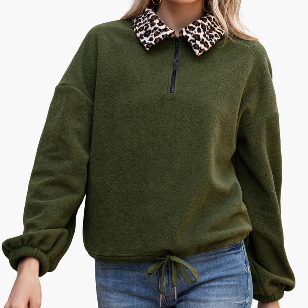 Sudadera polar para mujer con cuello estampado de leopardo