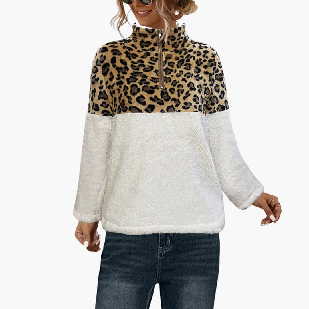 Sudadera polar para mujer con media cremallera e estampado de leopardo