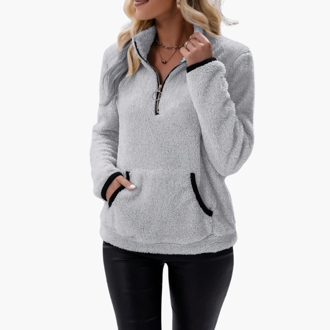 Sudadera polar para mujer con media cremallera y bolsillo canguro