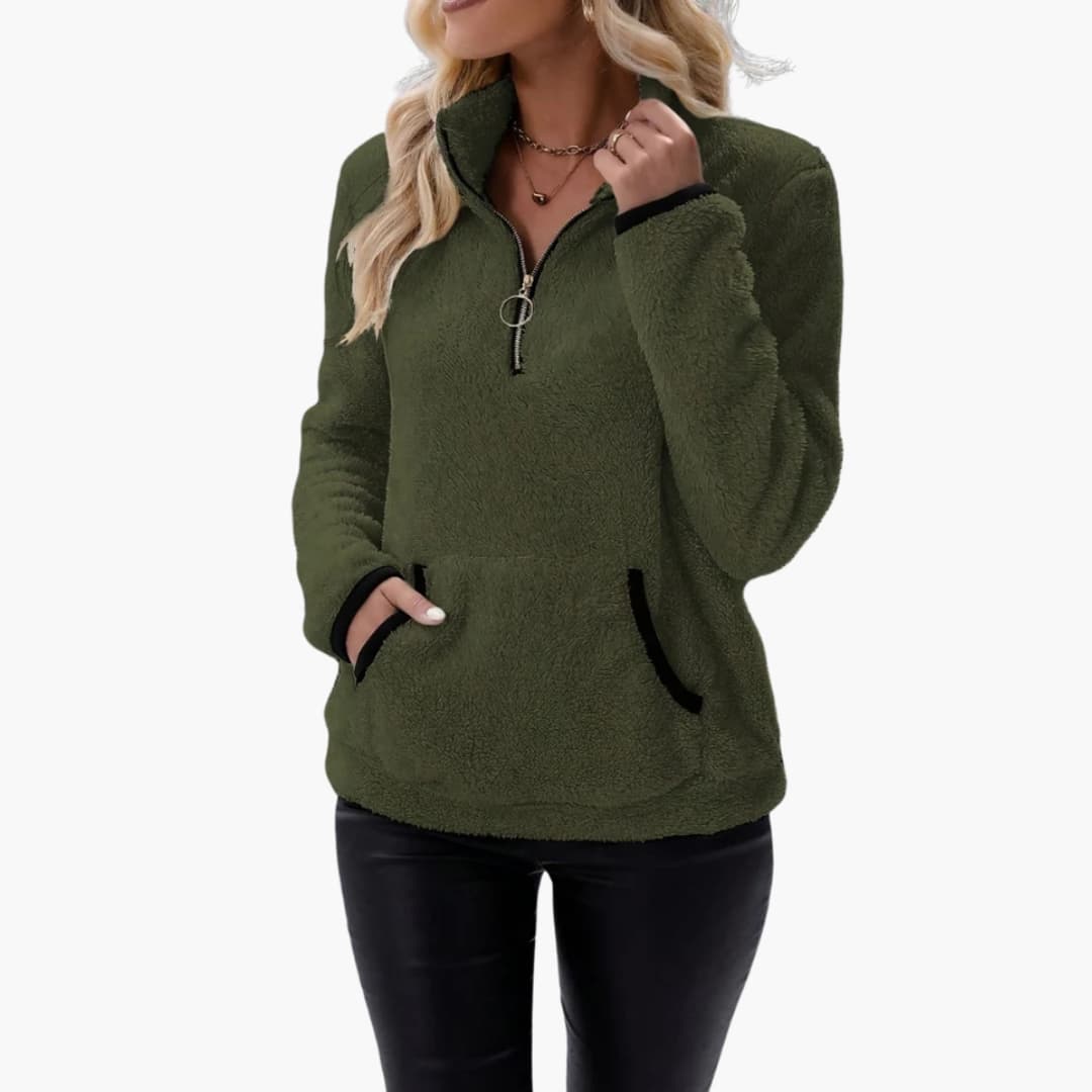 Sudadera polar para mujer con media cremallera y bolsillo canguro