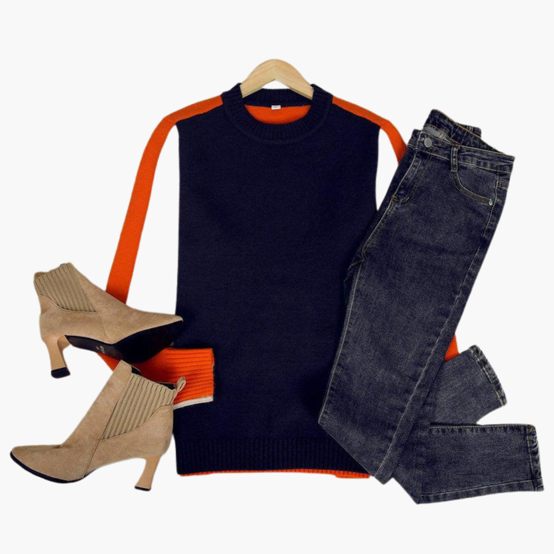 Maglione da donna con maniche a contrasto e orlo a coste