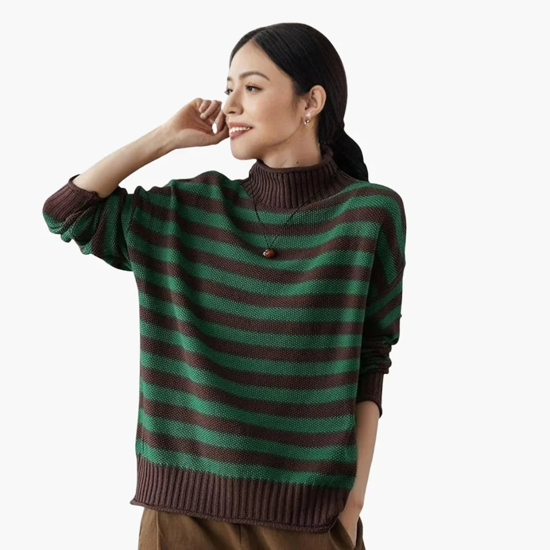 Pull rayé femme avec col roulé côtelé